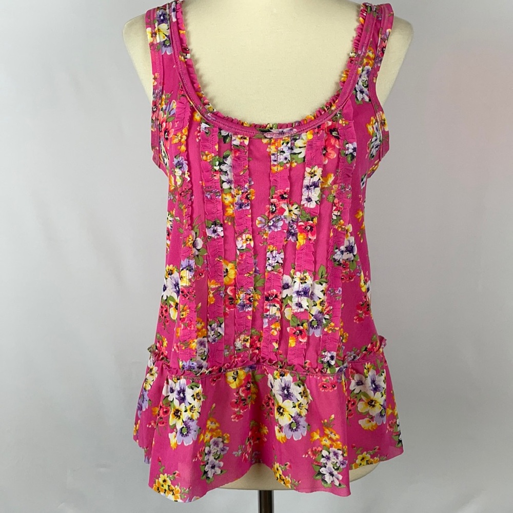 Aeropostale Pink Stretchy Sheer Floral Ruffle Tank Top - Size Small